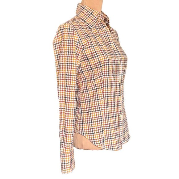 VTG ETRO Shirt Sz.6 Cream Brown Houndstooth Academia Career Italian Old Money - Picture 13 of 14